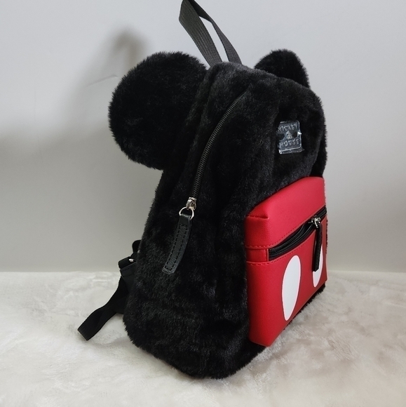 Disney Bioworld Mickey Mouse Black Red Faux Fur Faux Leather Mini Backback NWT - Picture 3 of 14